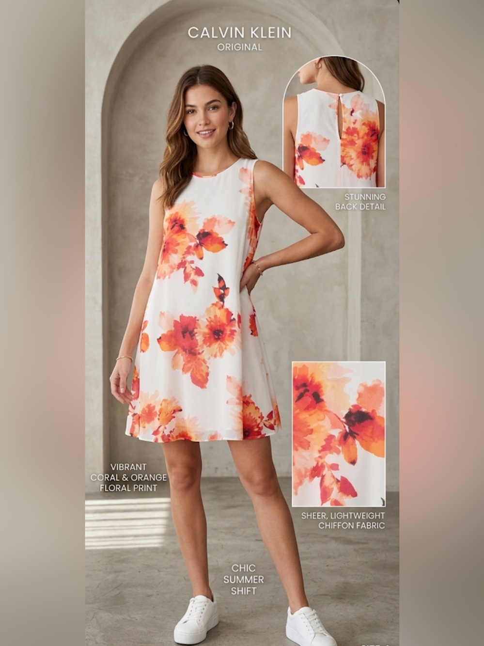 Calvin Klein White Mini Dress with Coral and Orange Floral Print